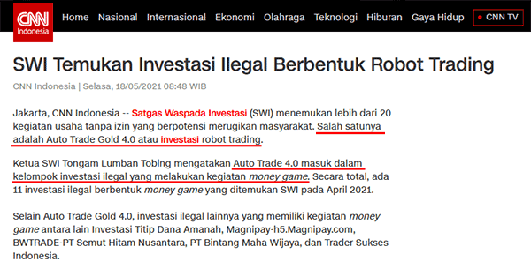 Satgas Waspada Investasi menetapkan ATG atau AutoTrade Gold sebagai investasi ilegal money game