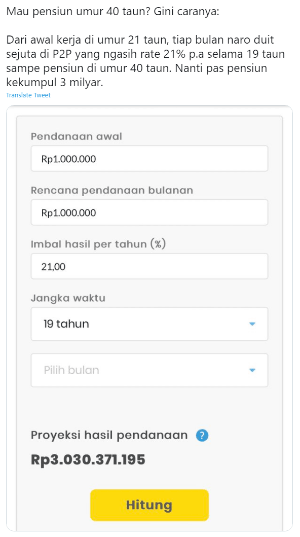 Contoh simulasi penawaran investasi P2P