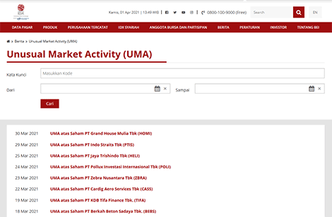 Daftar Saham UMA (Unusual Market Activity) di website IDX 